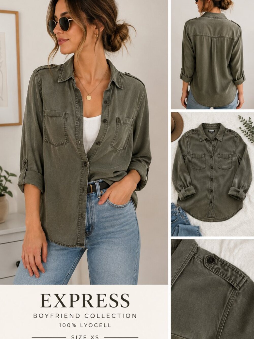 Express Boyfriend Olive Green Utility Lyocell Button Up Shirt XS